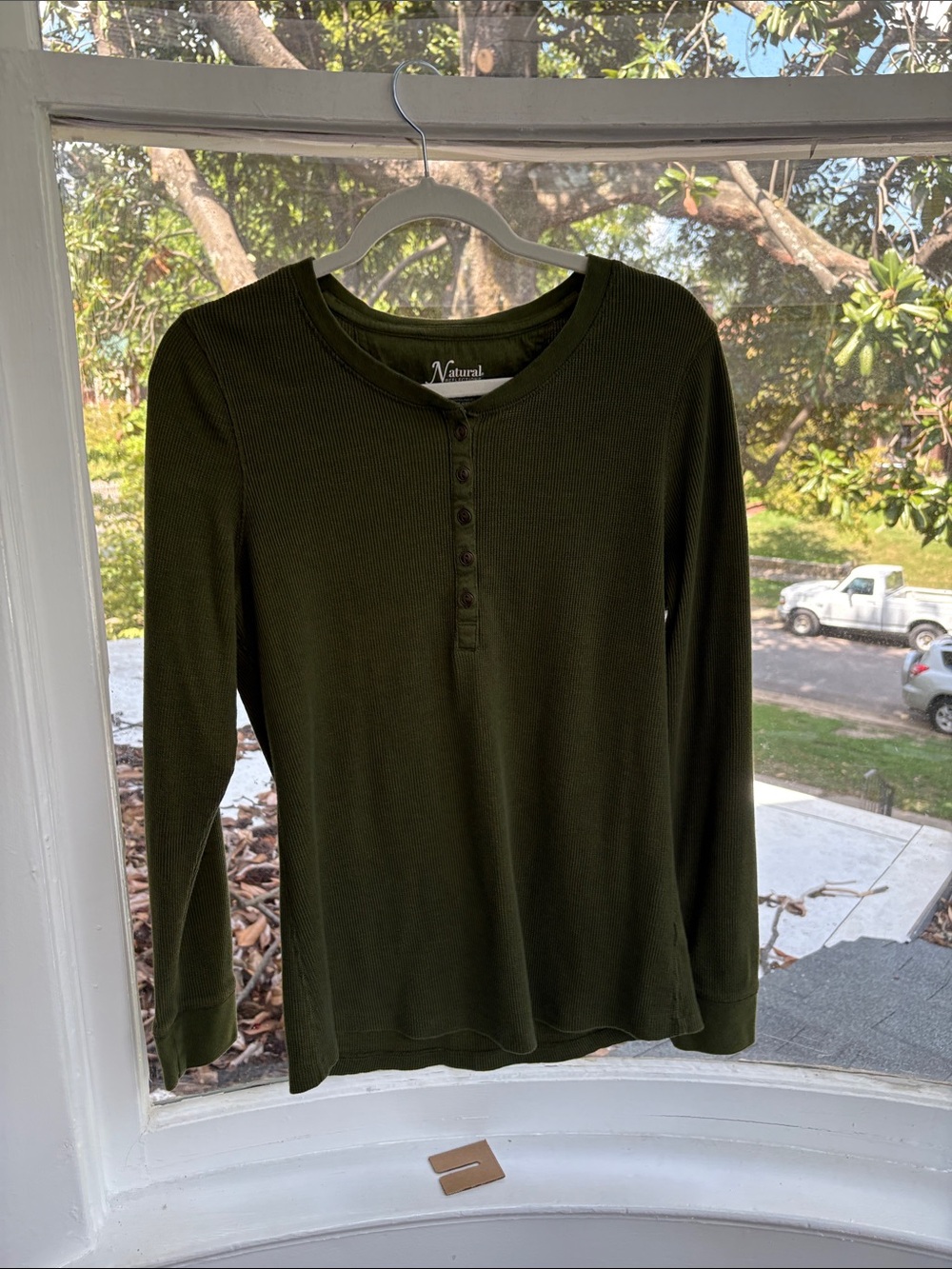 Natural Reflections Olive Green Ribbed Henley Long Sleeve Top